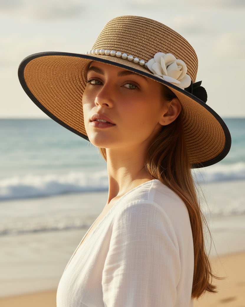 Chapeau en Paille Perlé & Fleurs