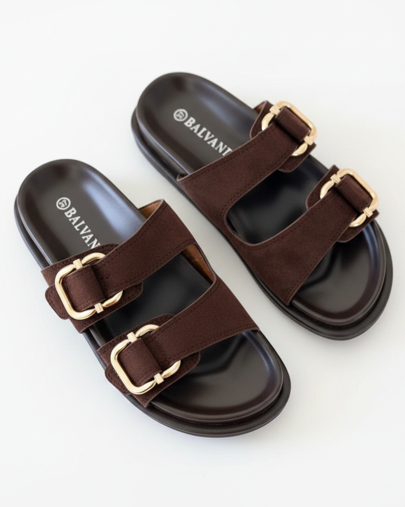 Mules à Boucles Dorées Marron