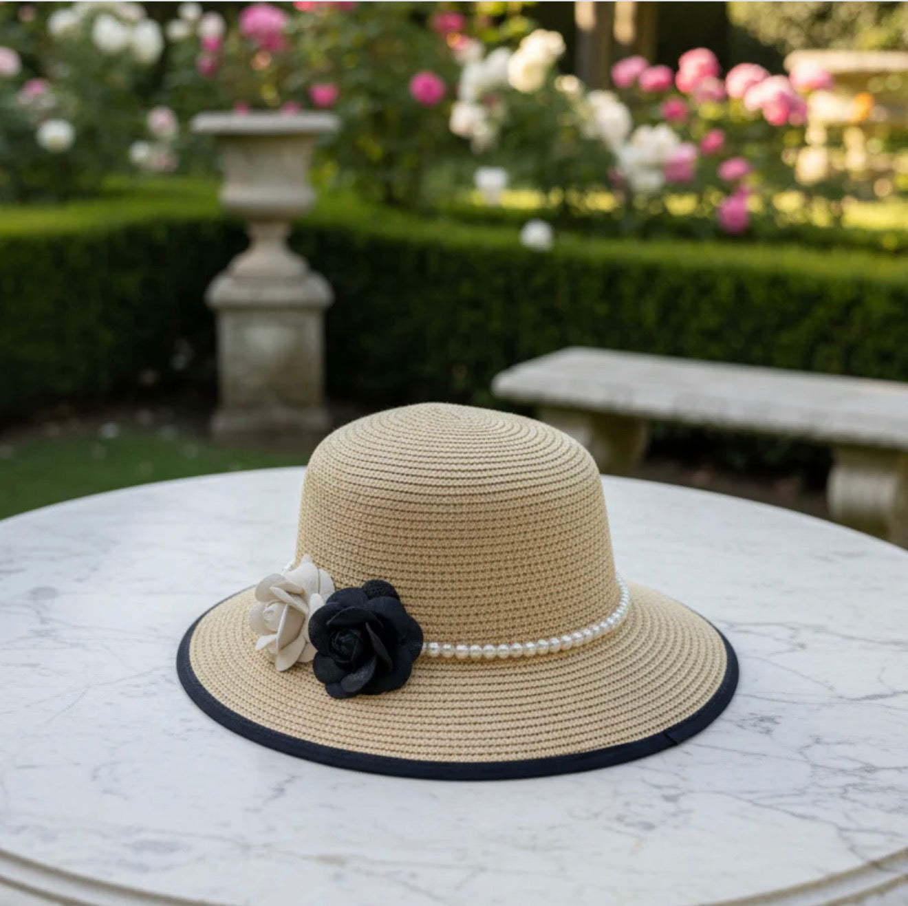 Chapeau en Paille Perlé & Fleurs