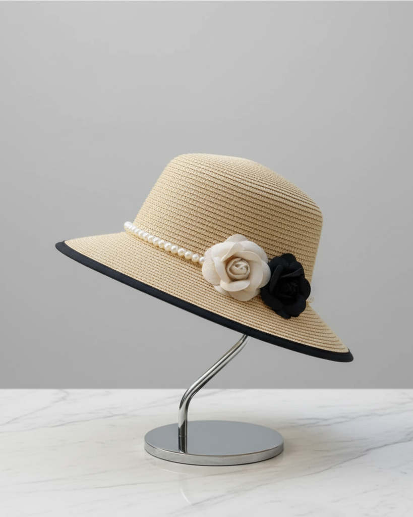 Chapeau en Paille Perlé & Fleurs