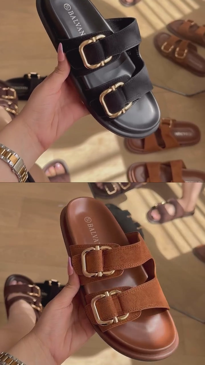 Charger la vidéo : Mules à Boucles Dorées Camel